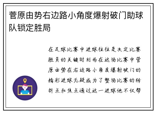 菅原由势右边路小角度爆射破门助球队锁定胜局